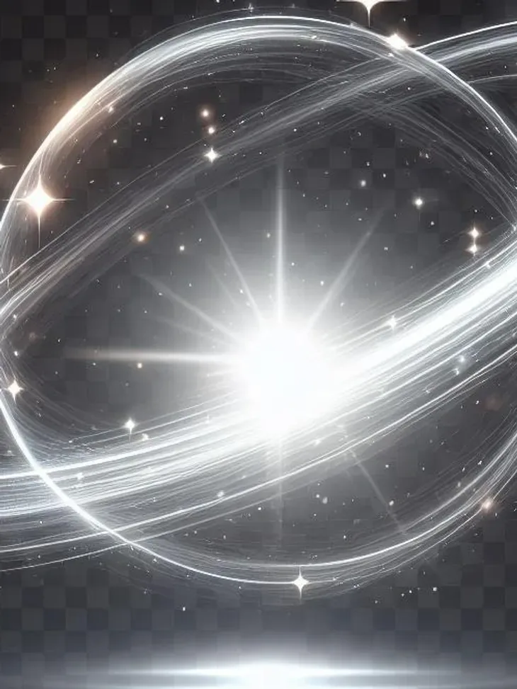 Glowing transparent sphere with sparkling rings and light effects on dark background