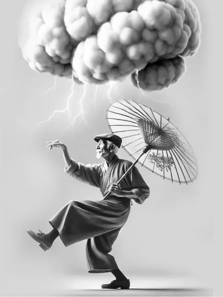 Old man dancing with an umbrella under a raining cloud brain