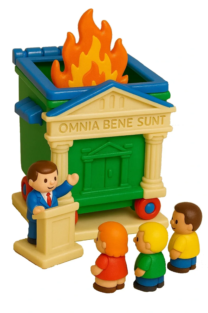 Toy politician at a podium in front of a burning dumpster courthouse